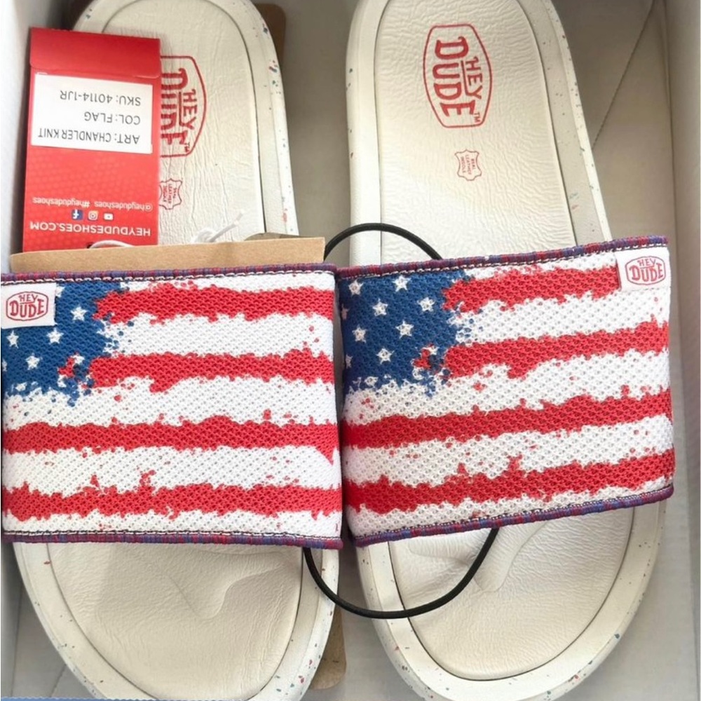 Hey Dude Red and Blue Sandals with American Flag Design